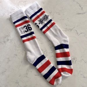 Athletic Striped Crew Socks - White with Red & Navy